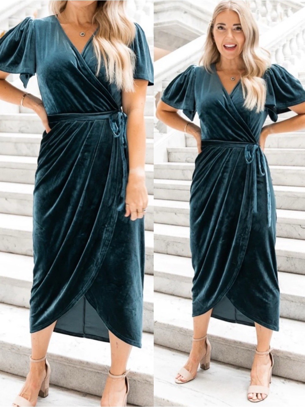 Ivy City Co Lillie Velvet Wrap Midi Dress Blue